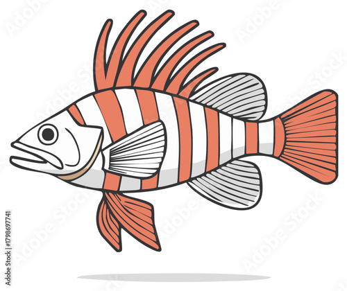 Cartoon illustration of a brightly colored fish with striped pattern and fins.
