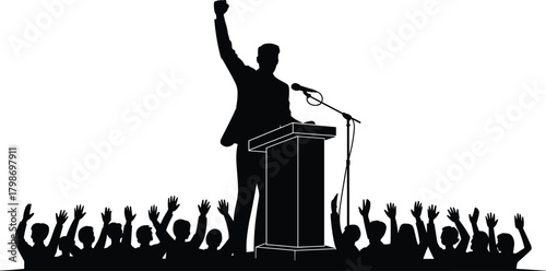 Silhouette of public speaker at podium with raised fist and crowd support, symbolizing activism, leadership, protest, unity, and political engagement.