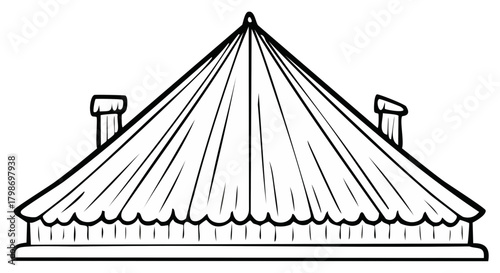 Outlined Building with Roof and Chimneys Black and White Illustration