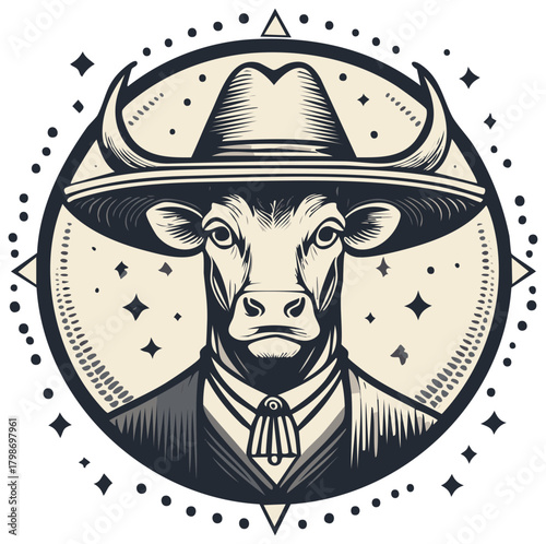 Stylized bull wearing a cowboy hat and suit in a decorative round frame with cosmic details