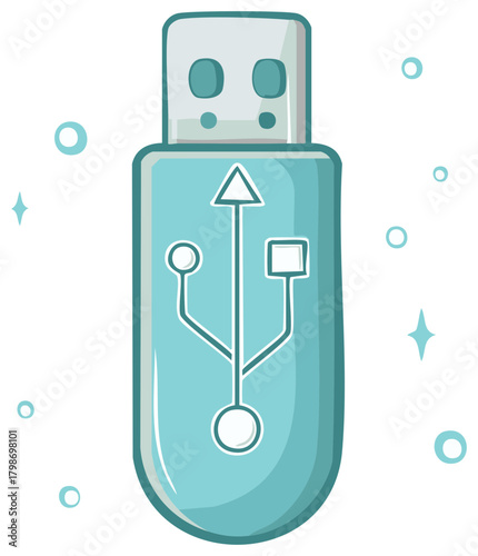 Cartoon illustration of a USB flash drive with decorative design elements