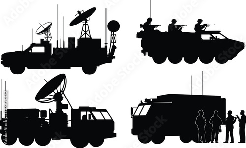 Silhouetted military communication and reconnaissance vehicles equipped with antennas, radar dishes, and armed personnel, showcasing modern battlefield technology and tactical mobile command systems.