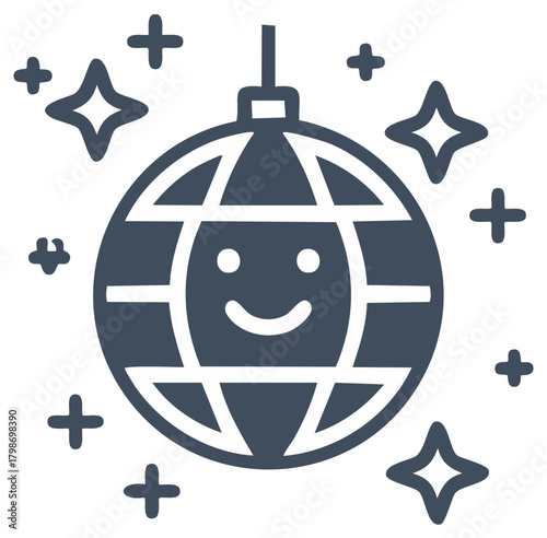 Joyful disco ball icon with a smiling face and shining stars for celebration.