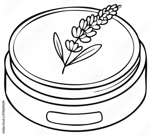 Hand drawn cosmetic cream jar with a lavender flower sprig line art icon