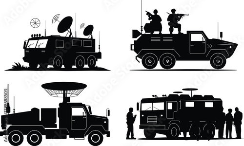 Silhouetted military vehicles with antennas, soldiers, radar systems, armored transport units, and communication trucks illustrating modern warfare equipment, tactical operations