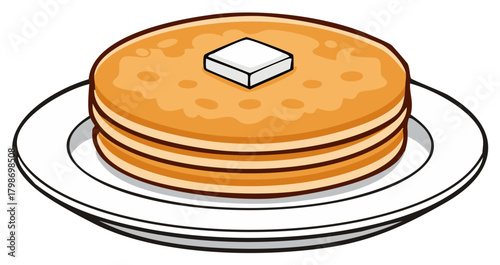 Stack of Pancakes with Butter on a White Plate Cartoon Illustration
