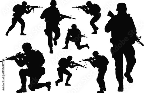 Silhouetted soldiers in dynamic combat stances with rifles, showcasing tactical movement, battlefield readiness, modern infantry action poses, and strategic military operations illustration.