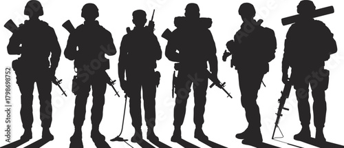 Silhouetted soldiers standing with weapons and tactical gear, representing military readiness, armed forces personnel, battlefield preparation, and modern combat infantry in vector illustration.