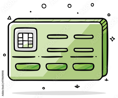 Graphic Green Credit Card Illustration with Chip Cartoon Style Doodle Design