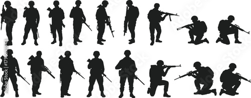 Silhouettes of Armed Soldiers in Tactical Positions – Military Patrol, Combat Readiness, Rifle Action, Defense Forces, Army Formation, War Zone Illustration