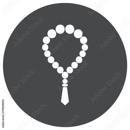 Islamic prayer beads or tasbih icon symbol with tassel on dark circle background
