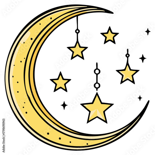 Yellow crescent moon and hanging stars illustration for kids and nursery decor