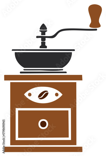 Classic wooden hand crank coffee mill with bean logo vector icon for cafes and home brewing