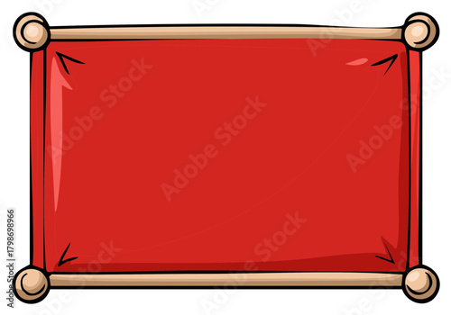 Cartoon illustration of a red banner with wooden frame for text or graphics advertisement background invitation template