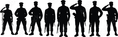 Silhouettes of Soldiers Saluting in Uniform with Rifles – Military Discipline, Respect, Brotherhood, Army Unity, Patriotism, Armed Forces Tribute, War Memorial Concept