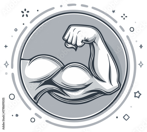 Vector illustration of a powerful muscular arm flexing bicep in a circular emblem
