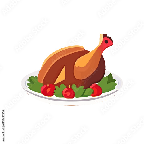 Illustration of a roasted turkey on a platter with lettuce and tomatoes, Thanksgiving dinner.