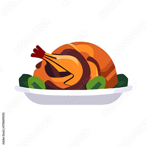 Roasted turkey on a platter with green garnish, ready to serve.