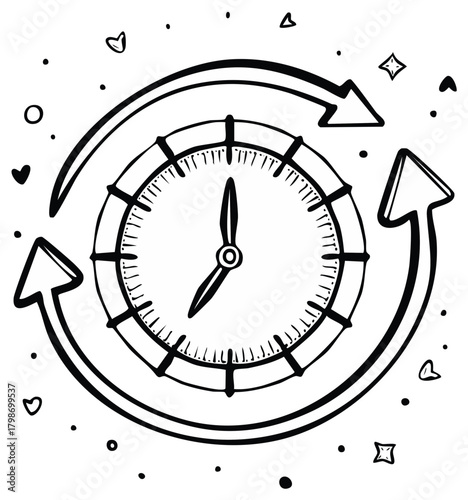 Doodle style time circle icon symbol with arrows black and white sketch