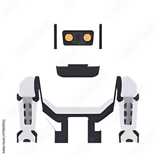 Illustration of a white and black robot with yellow eyes.