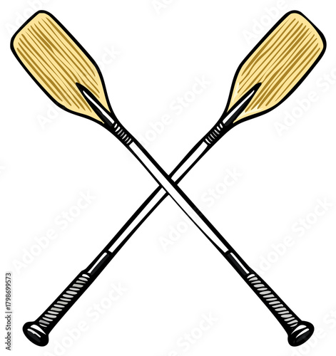 Two crossed wooden canoe paddles in a vintage hand drawn illustration style. Vector adventure or team symbol.