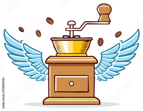Vintage Manual Coffee Grinder with Angel Wings and Coffee Beans Illustration