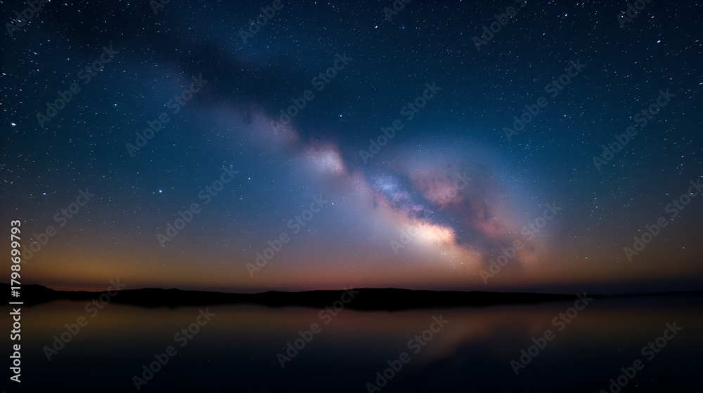 Fototapeta premium Milky Way Galaxy Mirrored in a Calm Lake Beneath a Starry Night Sky