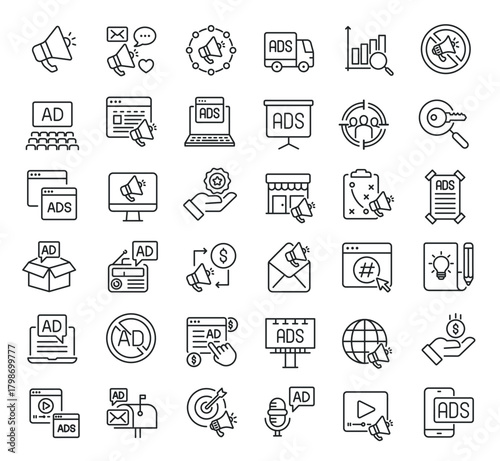 Set of collection line icons related Adsense, Marketing. Editable stroke. Perfect pixel on transparent background