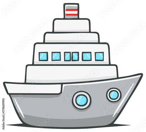 Cartoon cruise ship with multiple decks and porthole windows sailing on water
