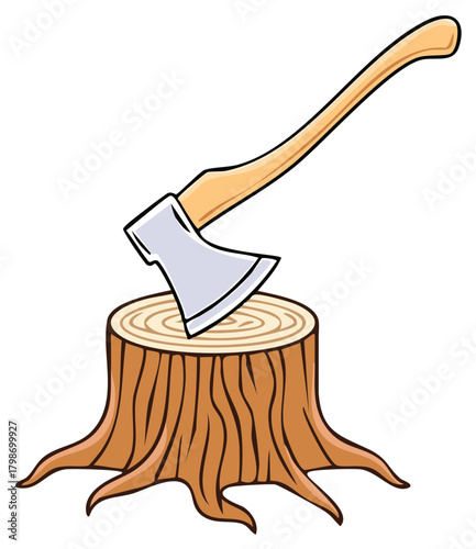 Cartoon Illustration of Axe Stuck in Tree Stump Wood Cutting Lumberjack Tools