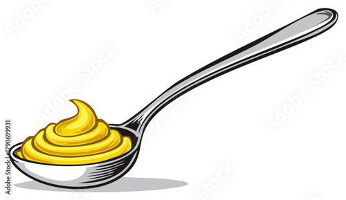 Silver Spoon Filled With Swirled Yellow Mustard Condiment