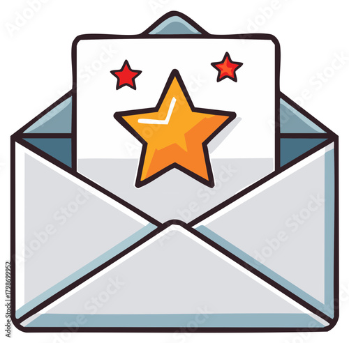 Open mail with stars and message. Success, good message, award, rating, greeting, invitation, mail notification icon