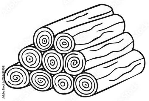 Stacked firewood logs in cartoon style black outline drawing illustration