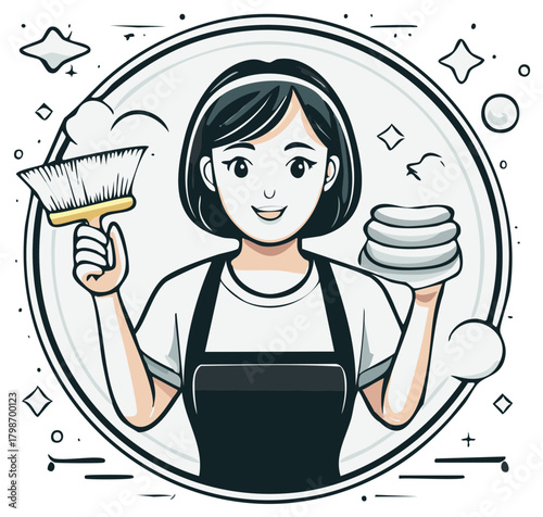 Female cleaner with brush and towels inside circle