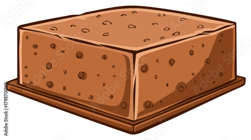 Illustration of a Brownie on a Plate, Cartoon Style, Home Baked Treat, Dessert, Sweet, Rectangular, Isolated