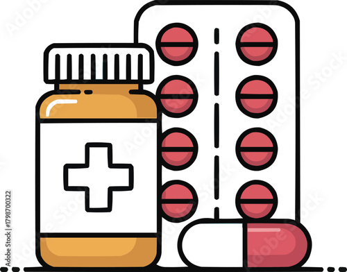 Pharmacy and Medicine Icon Set Pill Bottle, Blister Pack, and CapsulePharmacy and Medicine Icon Set  Pill Bottle, Blister Pack, and Capsule