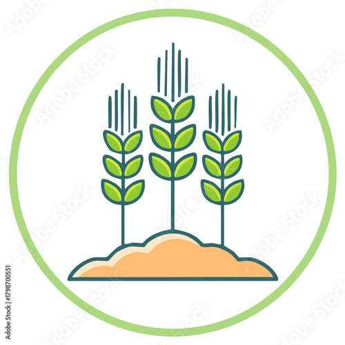 Stylized green wheat stalks growing from fertile soil inside a round agricultural symbol icon