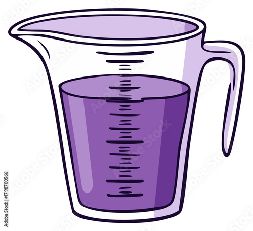 Cartoon illustration of a clear plastic measuring cup filled with a purple liquid, illustrating accurate quantity.