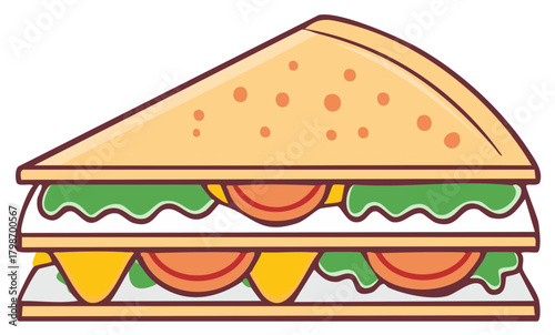 Delicious multilayered sandwich illustration with cheese lettuce and tomato in a cartoon style