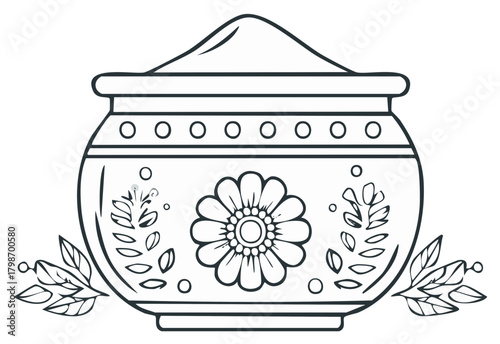 Pot with Flower and Leaves Decoration Design, Illustration for Coloring Books and Traditional Art Projects, Folk Art