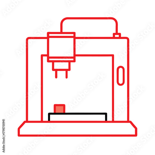 Red outline illustration of a3D printer with a cube 3D printer additive manufacturing
