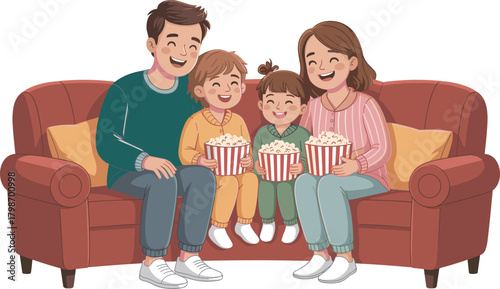 Happy family movie night, sitting on couch, popcorn buckets, smiling parents and children, cozy atmosphere, bonding, entertainment, leisure, togetherness, joy