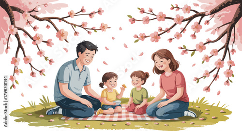 Happy family picnic under cherry blossom trees, spring outdoor gathering, joyful parents and children, nature, bonding, blooming flowers, smiling faces, love