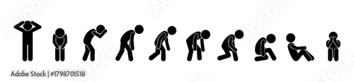 Stickman Emotional Breakdown Progression – Sad, Tired, Exhausted, Depressed Silhouette Icon Set.