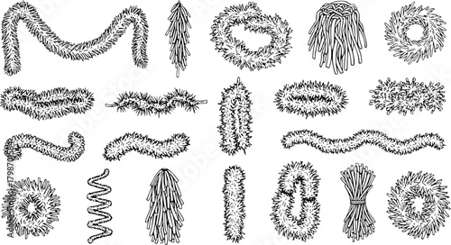 Hand-Drawn Vector Set of Christmas Garlands, Tinsel, Wreaths, and Festive Holiday Decorations in Black and White Sketch Style