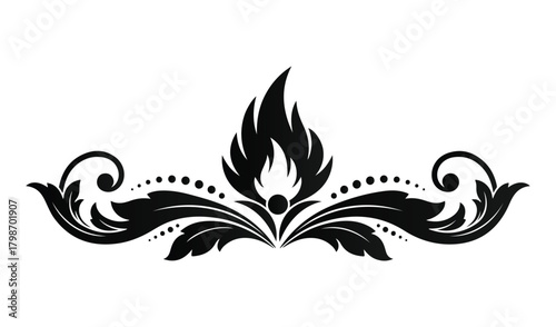 Elegant black ornate flourish with flame motif and swirling leaves