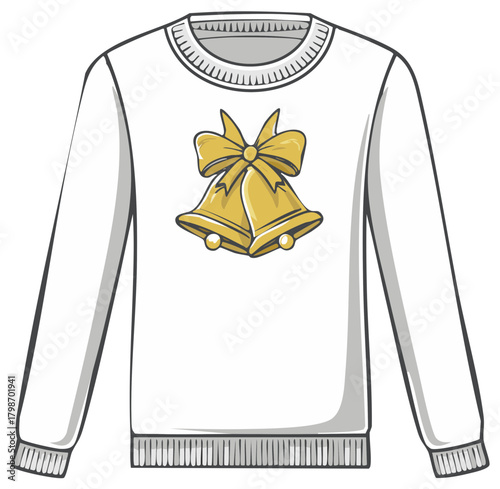 White Long Sleeve Sweater With Christmas Bells Design