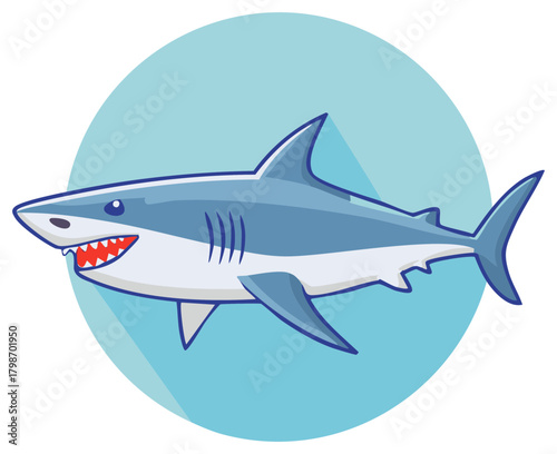 Cartoon shark with open mouth and sharp teeth swimming in blue circle