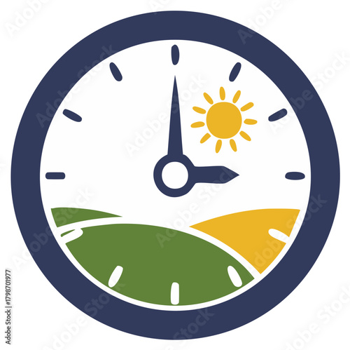 Daylight Savings Concept with Clock, Sun, and Landscapes Depicted