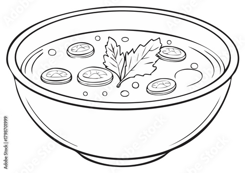 Bowl of Soup with Mushrooms and Greenery Illustration Black and White